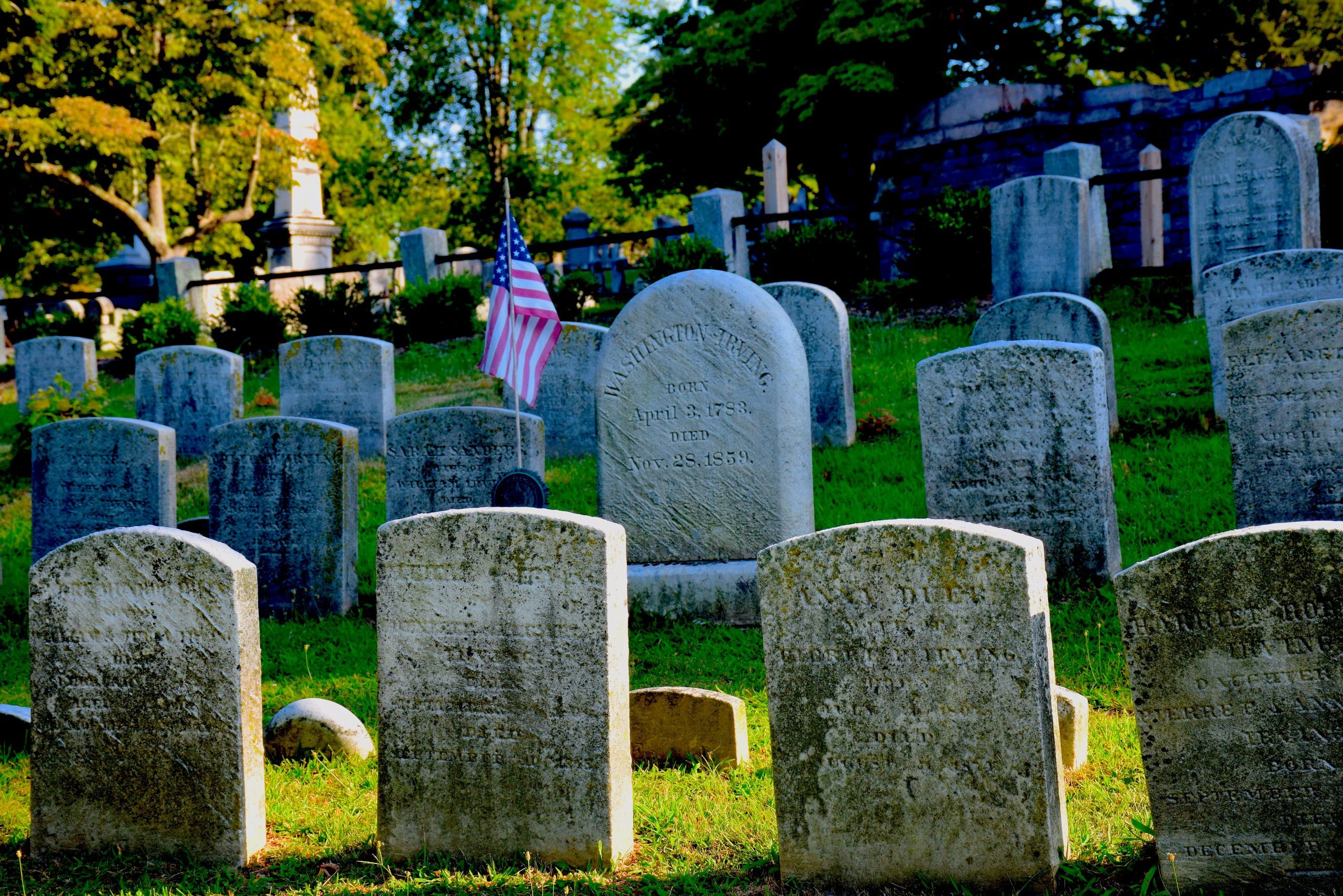 Irving family plot in Sleepy Hollow Cemetery and the grave of Washington Irving
