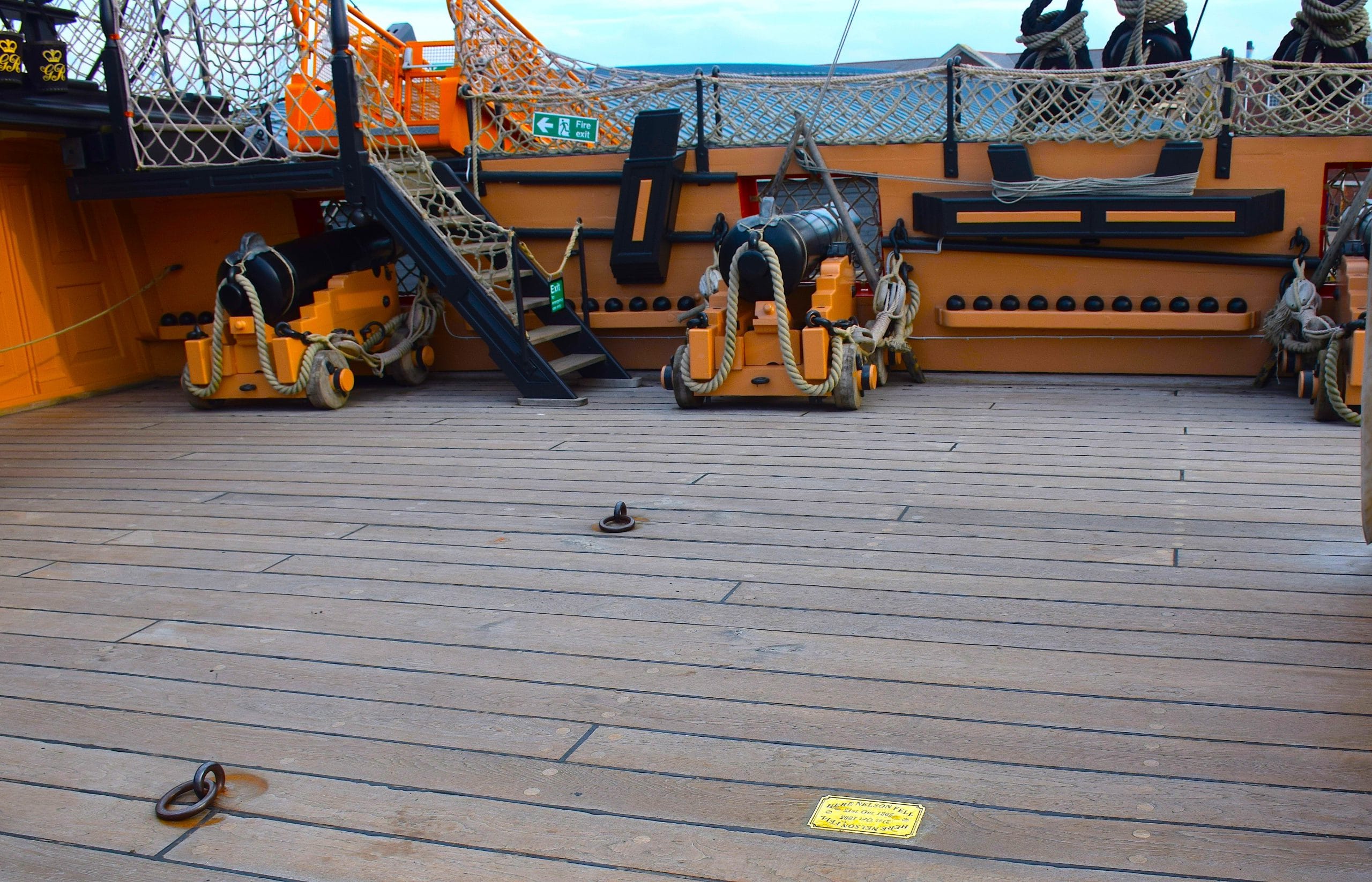 The deck of the ship Victory, where there is a marker for the exact spot where Admiral Nelson stood when shot on Oct. 21, 1805.